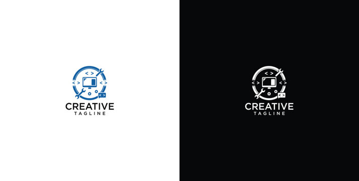 Computer repair logo template. Software development vector design.