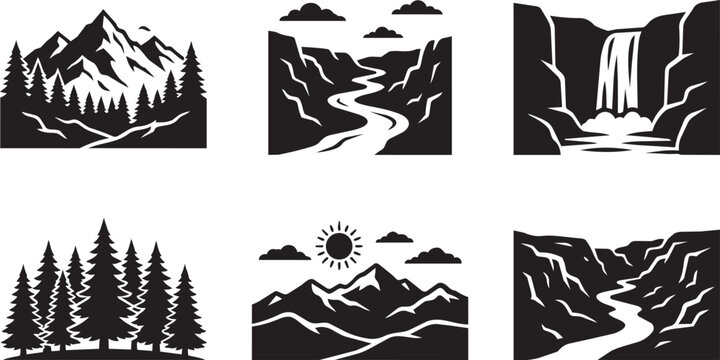 mountain forest and waterfall landscape silhouette set nature vector illustration