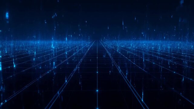 Abstract Digital Grid Network With Glowing Blue Particles In Deep Space Futuristic Technology Concept