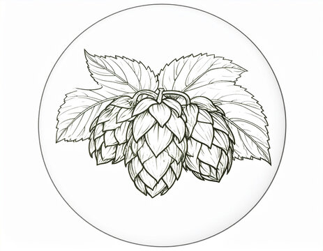 Black and white sketch of three hop cones and leaves within a circle hops plant