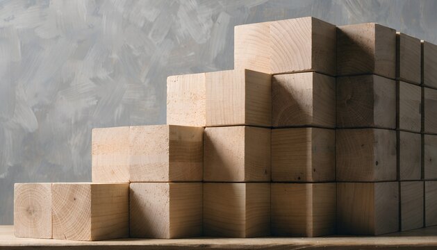 A stack of brown wooden blocks and toy cubes isolated on a white background forms a 3d building concept or empty shipping box package for business
