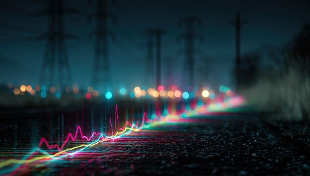 Neon data stream flows along a path with distant lights and pylons