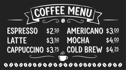 vector illustration of a coffee shop menu on a black chalkboard background. the design features hand-drawn style lettering for various coffee drinks including espresso, latte, cappuccino, americano, m © Sam Creative