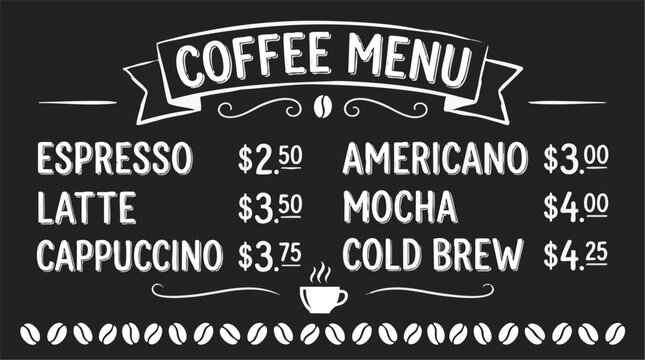 vector illustration of a coffee shop menu on a black chalkboard background. the design features hand-drawn style lettering for various coffee drinks including espresso, latte, cappuccino, americano, m