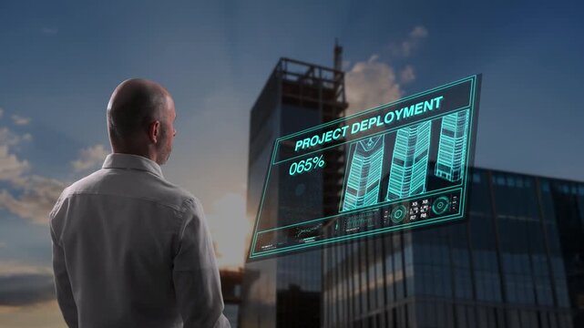 Caucasian Entrepreneur Analyzes Futuristic Blueprint Over Construction Site During Early Morning Hours