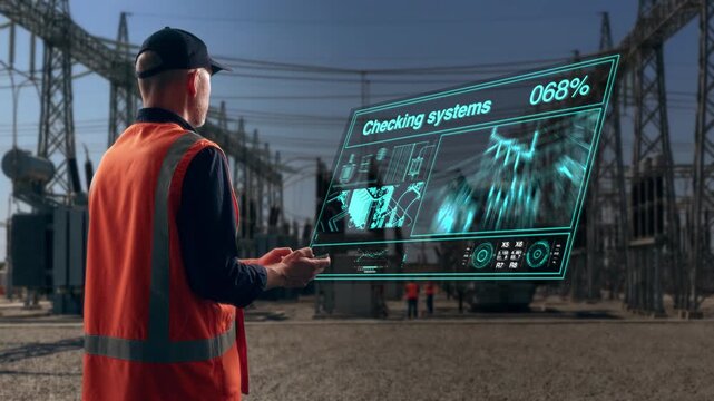 Technical Professional Examines Animated Diagnostic Readouts On Augmented Display In Electrical Substation