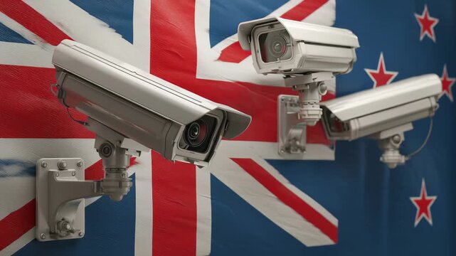 Security cameras view new zealand flag at a public location