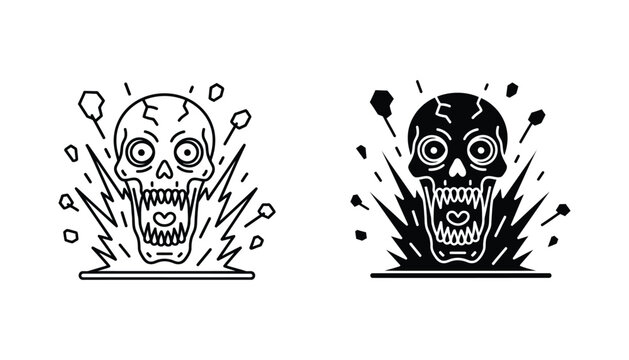 Screaming zombie head with explosive energy vector illustration in outline and silhouette styles