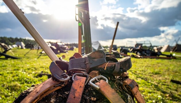 Singed Leather Horse Harness Straps and Buckles Scattered Outdoors