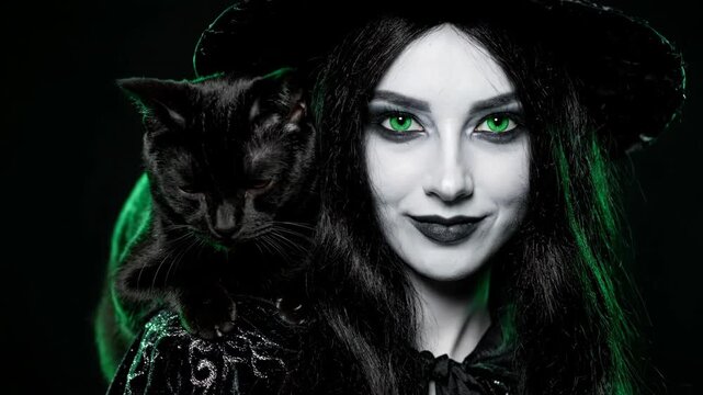 Woman witch with black cat on her shoulder looking at camera. Halloween character with pet in green light on dark background.