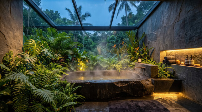 Luxurious jungle bathroom with a stone bathtub and lush tropical plants