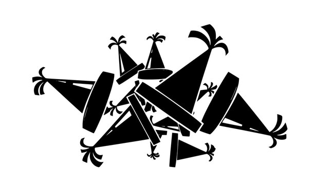 Chaotic pile of party hats vector illustration with bold black silhouettes and overlapping cartoon birthday caps on white background