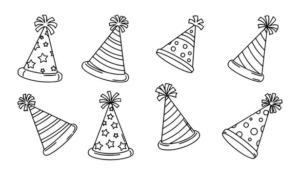 Cute party hats coloring page vector set with cartoon birthday cone caps in black and white line art for kids activity book