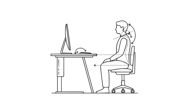 Minimalist office desk ergonomics line art vector illustration featuring correct sitting posture character at a desktop computer isolated on a solid white background