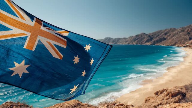Australian flag waves by the beach with mountains in the background on a sunny day