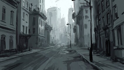 Fototapeta premium Gloomy, empty city street vista with tall, imposing buildings under a hazy sky