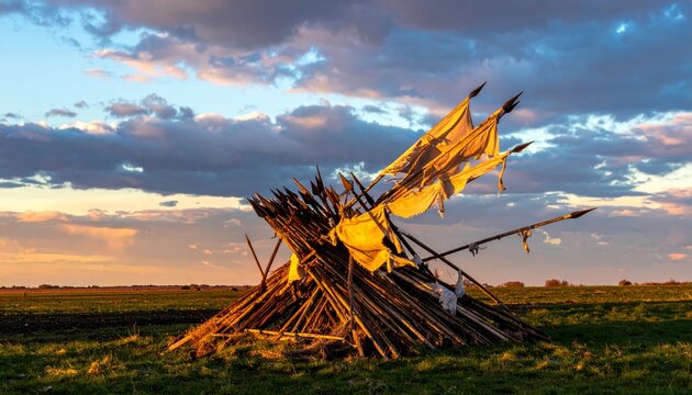 Pile of Broken Spears with Tattered Banners at Sunset