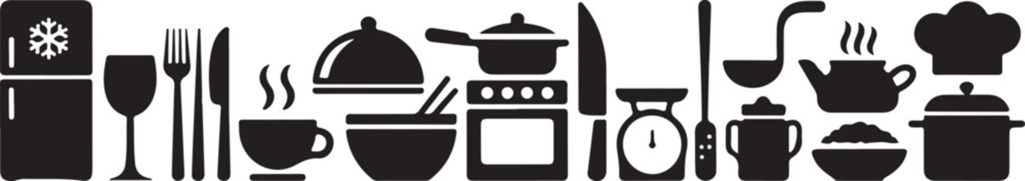 Black and white flat design kitchen and dining icons set