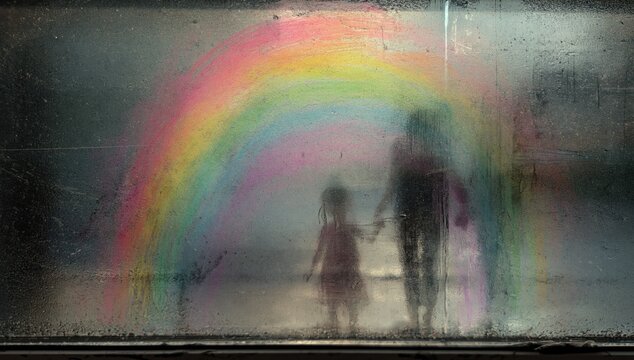 Child and adult holding hands, silhouetted against a colorful chalk rainbow on steamy glass
