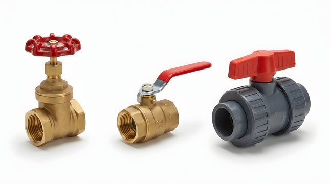 Three plumbing valves including ball and gate valves on white background.