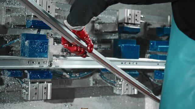 Aluminum Tube Finishing. Industrial Worker Removes Metal Shavings From Aluminum Profile Using Brush
