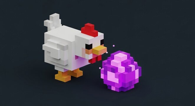 Blocky pixel art chicken curiously pecking at a glowing purple crystal egg in a digital game environment