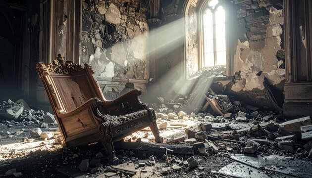 Fallen ornate throne amidst ruined gothic hall