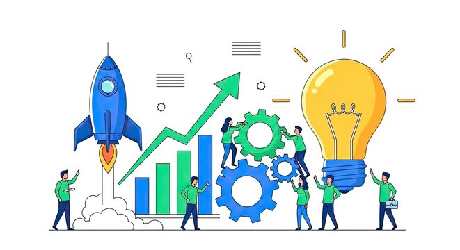 Dynamic business team collaborates on innovative startup launch featuring a vibrant blue rocket ascending rising bar graph interlocking gears and a glowing yellow lightbulb symbolizing bright ideas