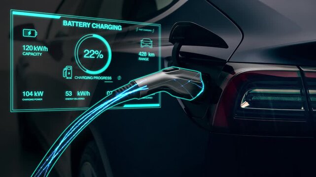 Sleek Modern Electric Vehicle Connector Showcasing Holographic Battery Status And Energy Flow Details