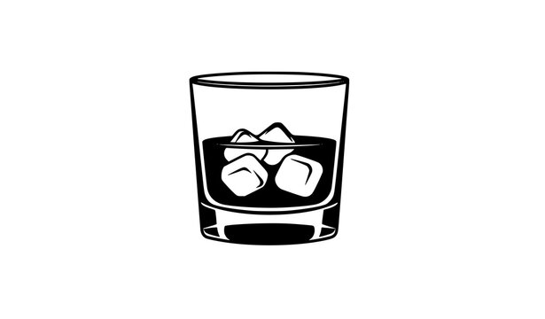 Vintage whiskey glass vector illustration with ice cubes in black and white woodcut linocut engraving style