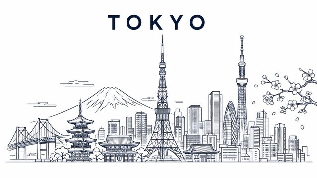 Tokyo skyline line drawing with Mount Fuji and cherry blossoms