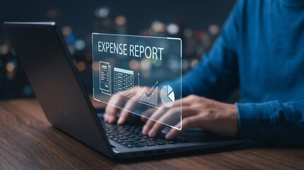 Naklejka premium Analyzing financial data and managing expenses on a laptop with a digital interface displaying graphs and documents