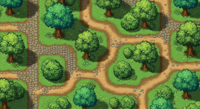 Pixel art forest map with winding dirt paths and cobblestone roads, green woodland landscape for RPG game design, top-down nature environment vector