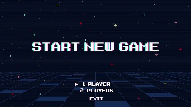 START NEW GAME play. Synthwave wireframe net illustration. pixel art 8 bit . Retro Futurism Sci-Fi Background. glowing neon grid and stars.