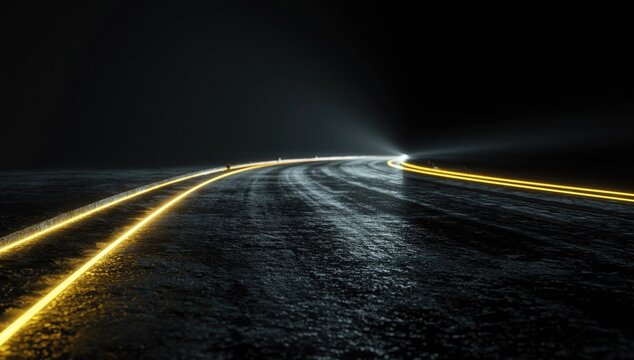 Wet asphalt road with glowing yellow lines curving into darkness