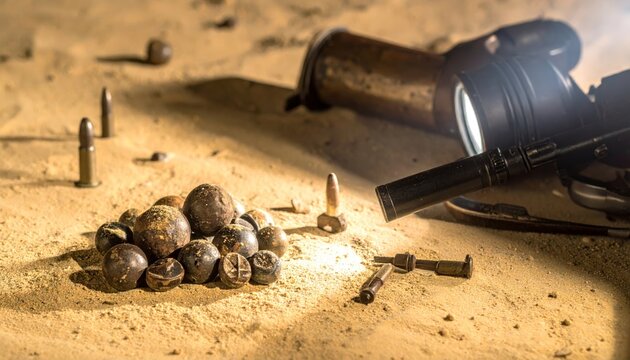 Scattered Musket Balls and Cannonballs on Sandy Ground