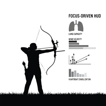 Silhouette of an archer drawing a bow, focus-driven HUD overlays displaying lung capacity bars, wind velocity vectors, and heartbeat stabilization metrics, cinematic monochrome presentation,