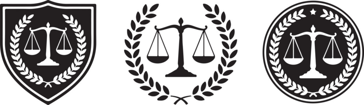 Three justice scale icons with laurel wreaths