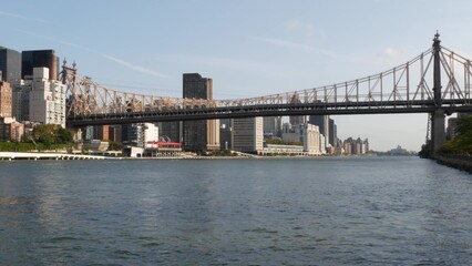 Fototapeta premium New York City Manhattan Midtown Queensboro bridge architecture, United States. Metallic bridge over East River, East Side residential district skyline from Roosevelt island. NYC cityscape, Turtle Bay.