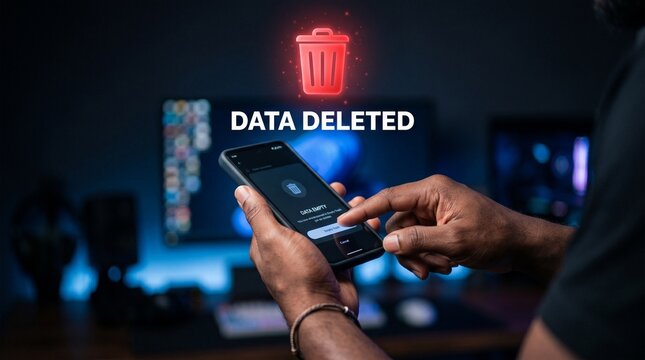 Digital data securely deleted from a smartphone, confirming deletion with a trash icon overlay