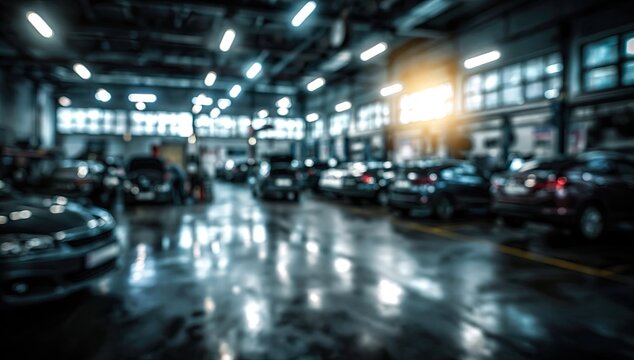 Blurred view of a dimly lit, modern car repair bay with multiple vehicles and overhead lighting