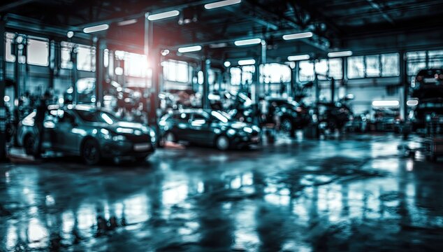 Cars on lifts in a dimly lit, industrial repair bay with reflective floor