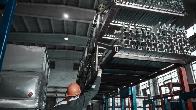 Aluminum Profile Handling In Factory. Operator Guiding Metal Profiles During Industrial Assembly Process