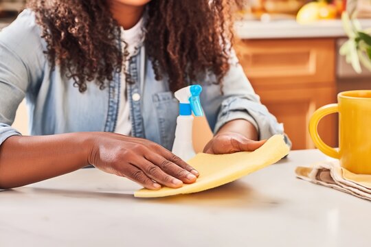 Person cleaning table with cloth and spray