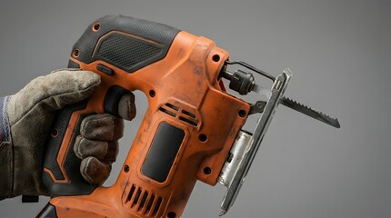 Naklejka premium Hand wearing glove holding orange jigsaw saw tool.