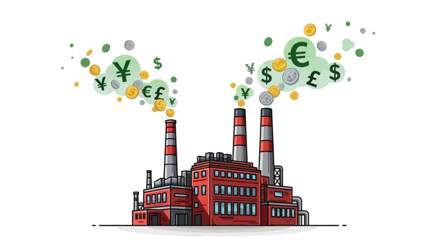Factory emitting currency symbols as smoke.