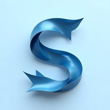 A large blue letter S made of shiny metallic material on a light blue background