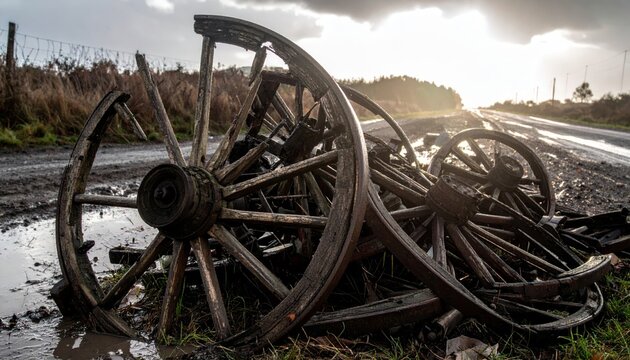 Pile of Broken Wooden Cartwheels in Decay