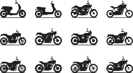 Variety of motorcycles and scooters silhouette icons © Masud
