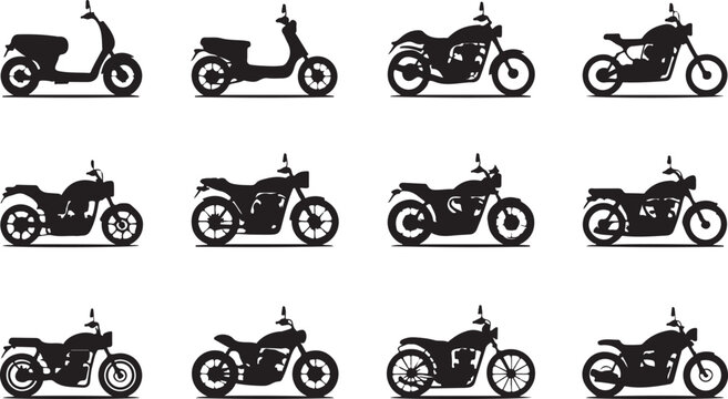 Variety of motorcycles and scooters silhouette icons